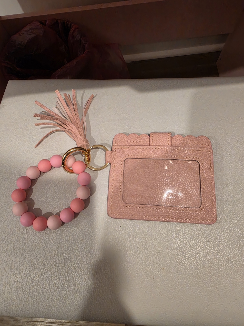 Pink Wristlet Card Holder Keyring with Tassel